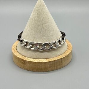 Fossil Chunky Silver Tone Leather Adjustable Chain Link Bracelet